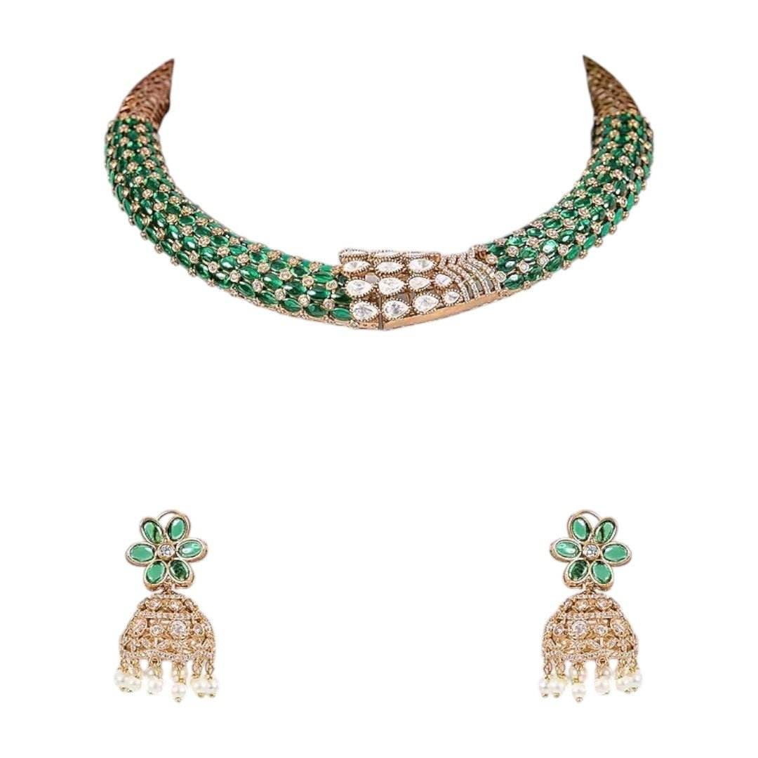 Emerald Green Beaded Choker Necklace Set with Gold-Plated Floral Jhumka Earrings - Auraa Trends