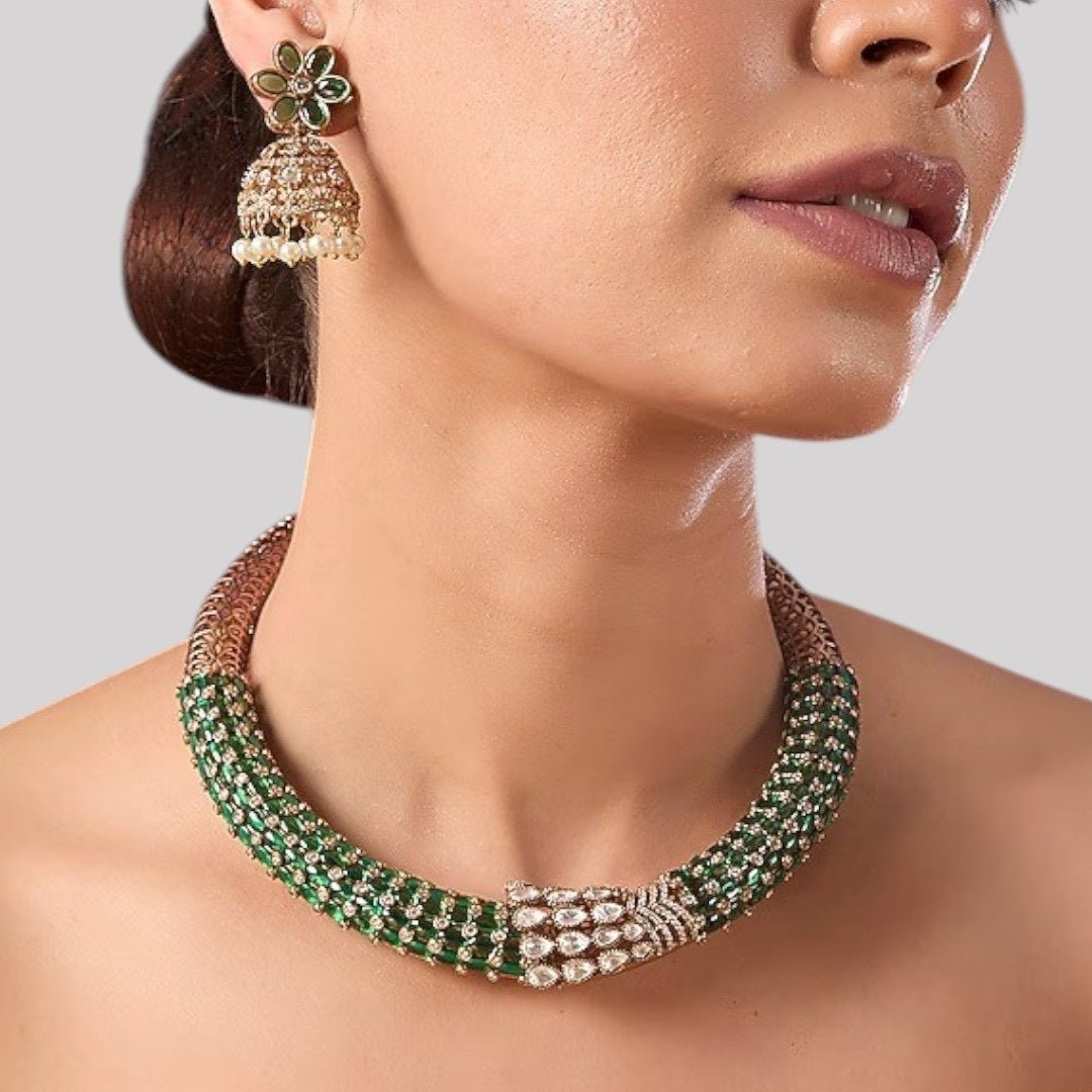 Emerald Green Beaded Choker Necklace Set with Gold - Plated Floral Jhumka Earrings - Auraa Trends - Necklace Set - - Auraa Trends - Emerald Green Beaded Choker Necklace Set with Gold - Plated Floral Jhumka Earrings