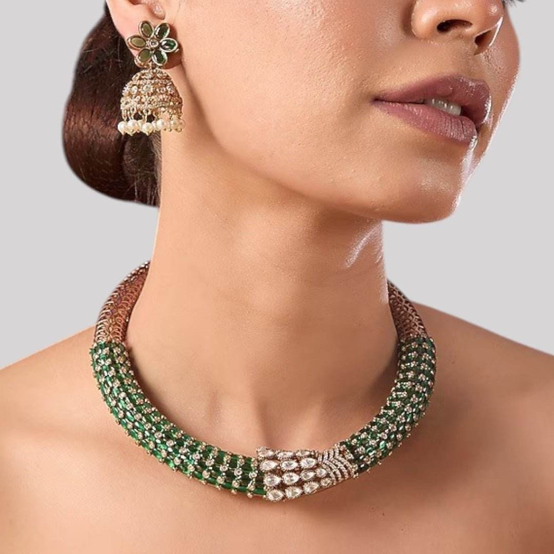 Emerald Green Beaded Choker Necklace Set with Gold-Plated Floral Jhumka Earrings - Auraa Trends