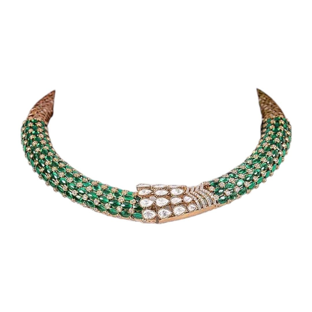 Emerald Green Beaded Choker Necklace Set with Gold - Plated Floral Jhumka Earrings - Auraa Trends - Necklace Set - - Auraa Trends - Emerald Green Beaded Choker Necklace Set with Gold - Plated Floral Jhumka Earrings