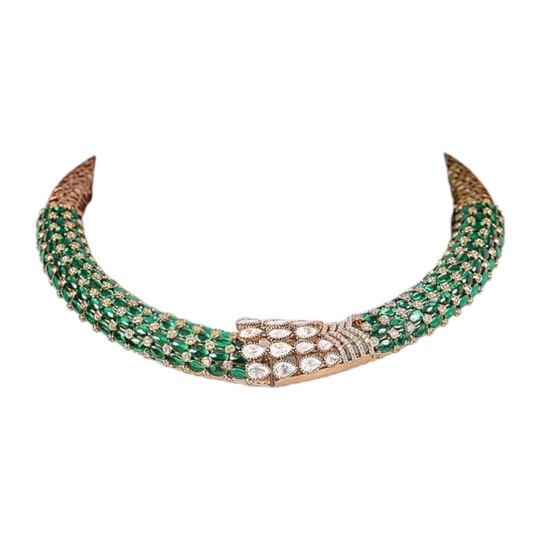 Emerald Green Beaded Choker Necklace Set with Gold-Plated Floral Jhumka Earrings - Auraa Trends