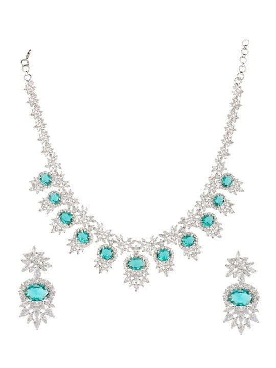 Emerald Green & Diamond Look Necklace and Earrings Set - Auraa Trends - Necklace - Emerald Green & Diamond Look Necklace
