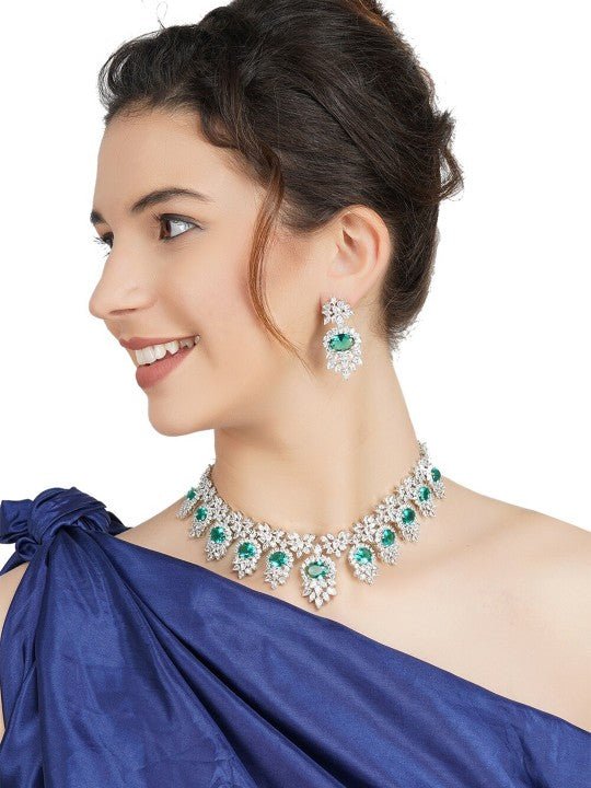 Emerald Green & Diamond Look Necklace and Earrings Set - Auraa Trends - Necklace - Emerald Green & Diamond Look Necklace