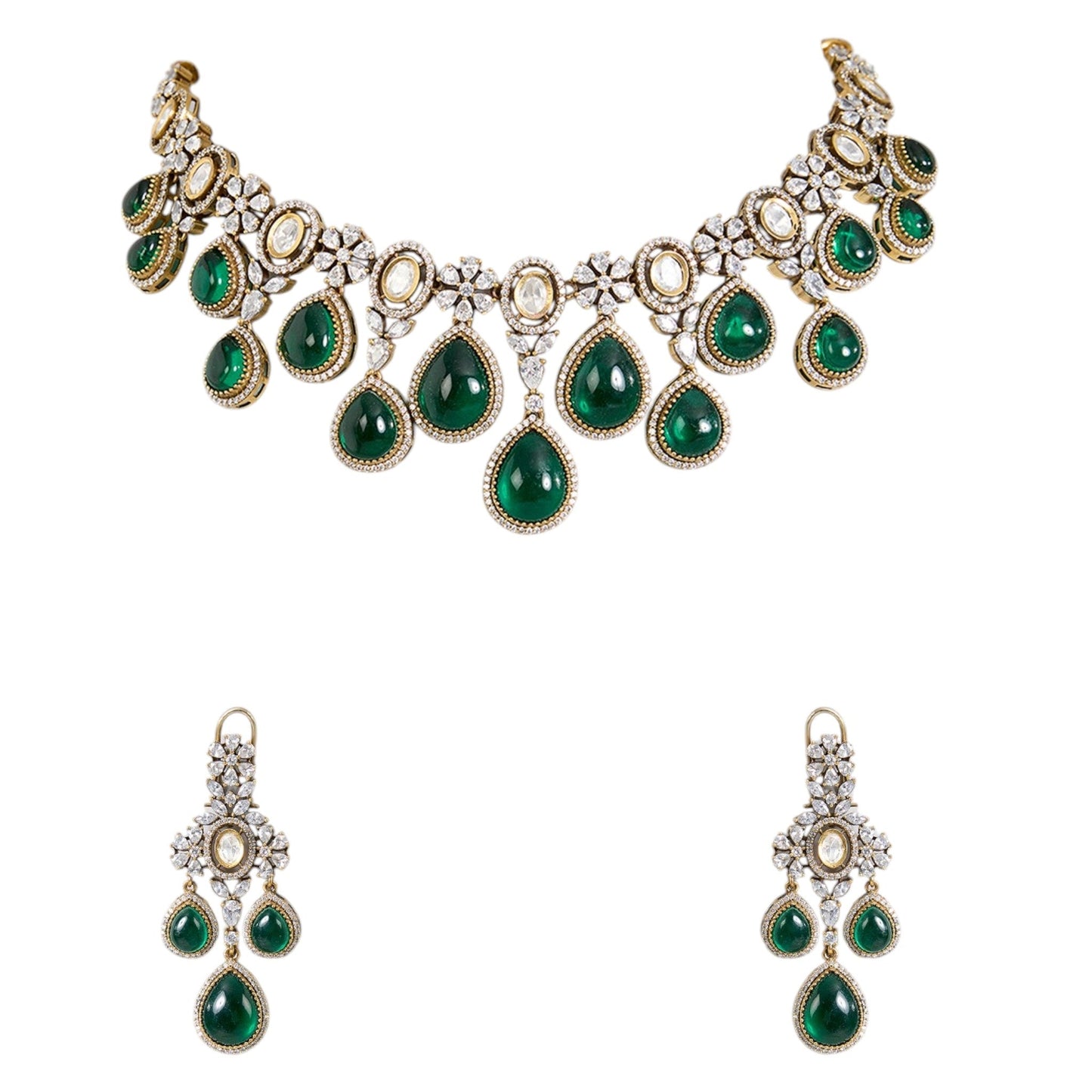 Emerald Green Kundan Choker Necklace Set with Drop Earrings for Bridal & Festive Wear - Auraa Trends - Necklace - - Auraa Trends - “Emerald green kundan choker necklace set with teardrop stones and matching drop earrings” “Bridal kundan choker set with white and green stones on antique gold base” “Statement Indian jewelry set for weddings and festive wear”