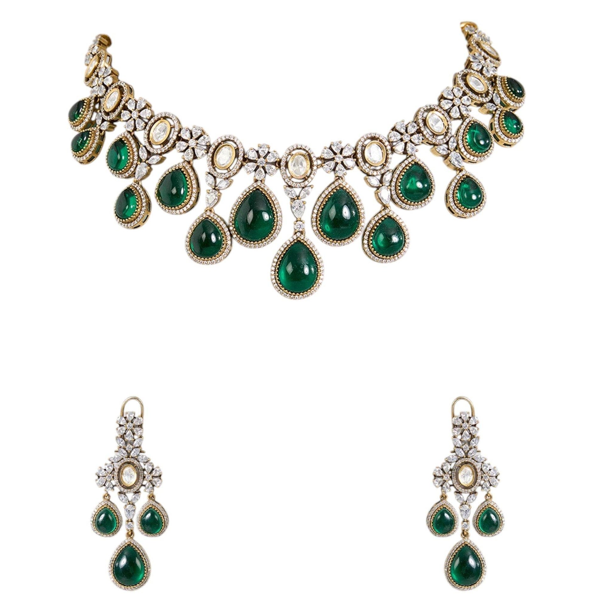 Emerald Green Kundan Choker Necklace Set with Drop Earrings for Bridal & Festive Wear - Auraa Trends