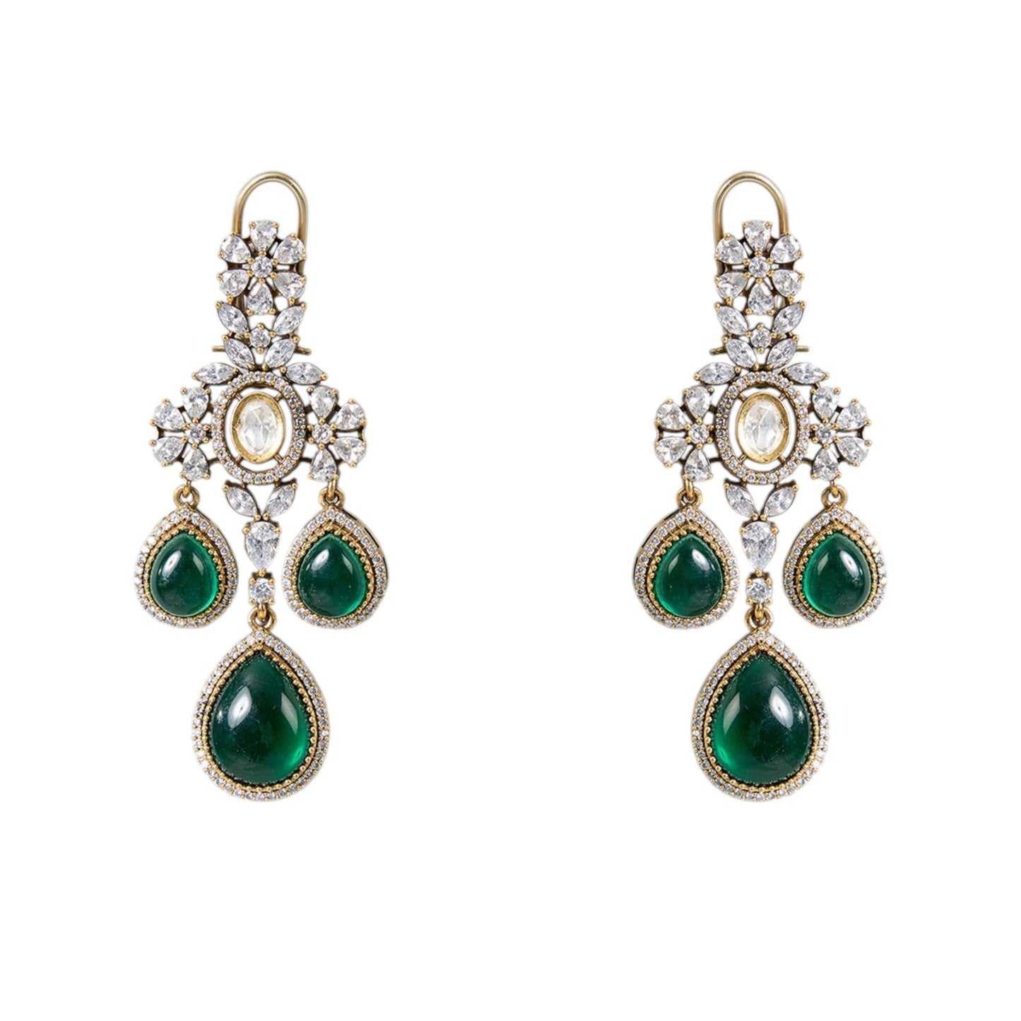 Emerald Green Kundan Choker Necklace Set with Drop Earrings for Bridal & Festive Wear - Auraa Trends - Necklace - - Auraa Trends - “Emerald green kundan choker necklace set with teardrop stones and matching drop earrings” “Bridal kundan choker set with white and green stones on antique gold base” “Statement Indian jewelry set for weddings and festive wear”