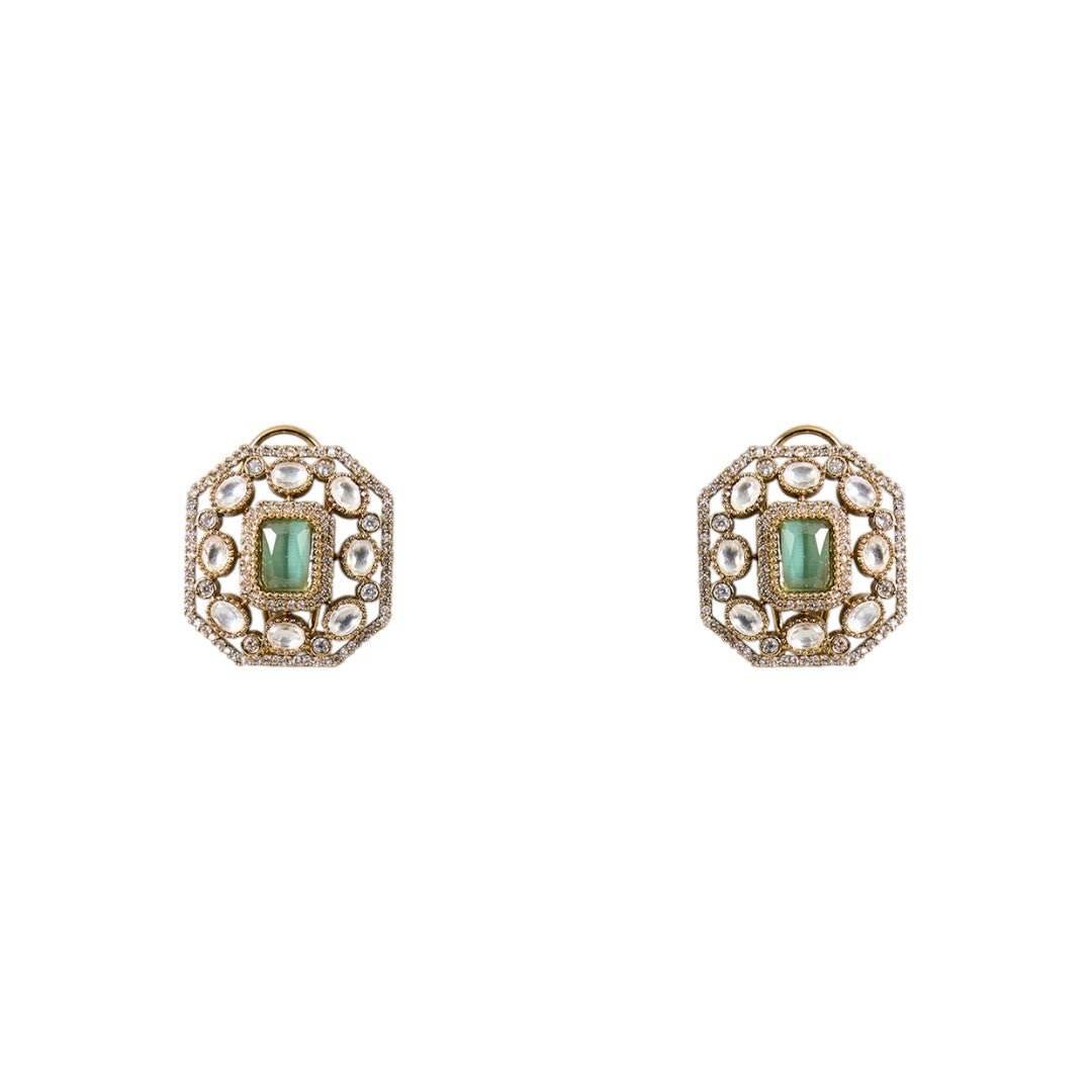 Emerald Green Kundan Choker Set with Statement Stud Earrings - Auraa Trends