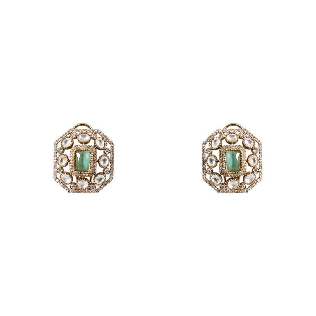 Emerald Green Kundan Choker Set with Statement Stud Earrings - Auraa Trends