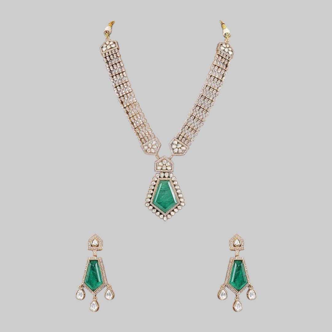 Emerald Green Kundan Long Pendant Necklace Set with Gold - Plated Drop Earrings - Auraa Trends - Necklace Set - - Auraa Trends - Emerald green long pendant necklace set with gold - plated kundan detailing and drop earrings – handcrafted Indian ethnic jewelry for weddings and festive wear"