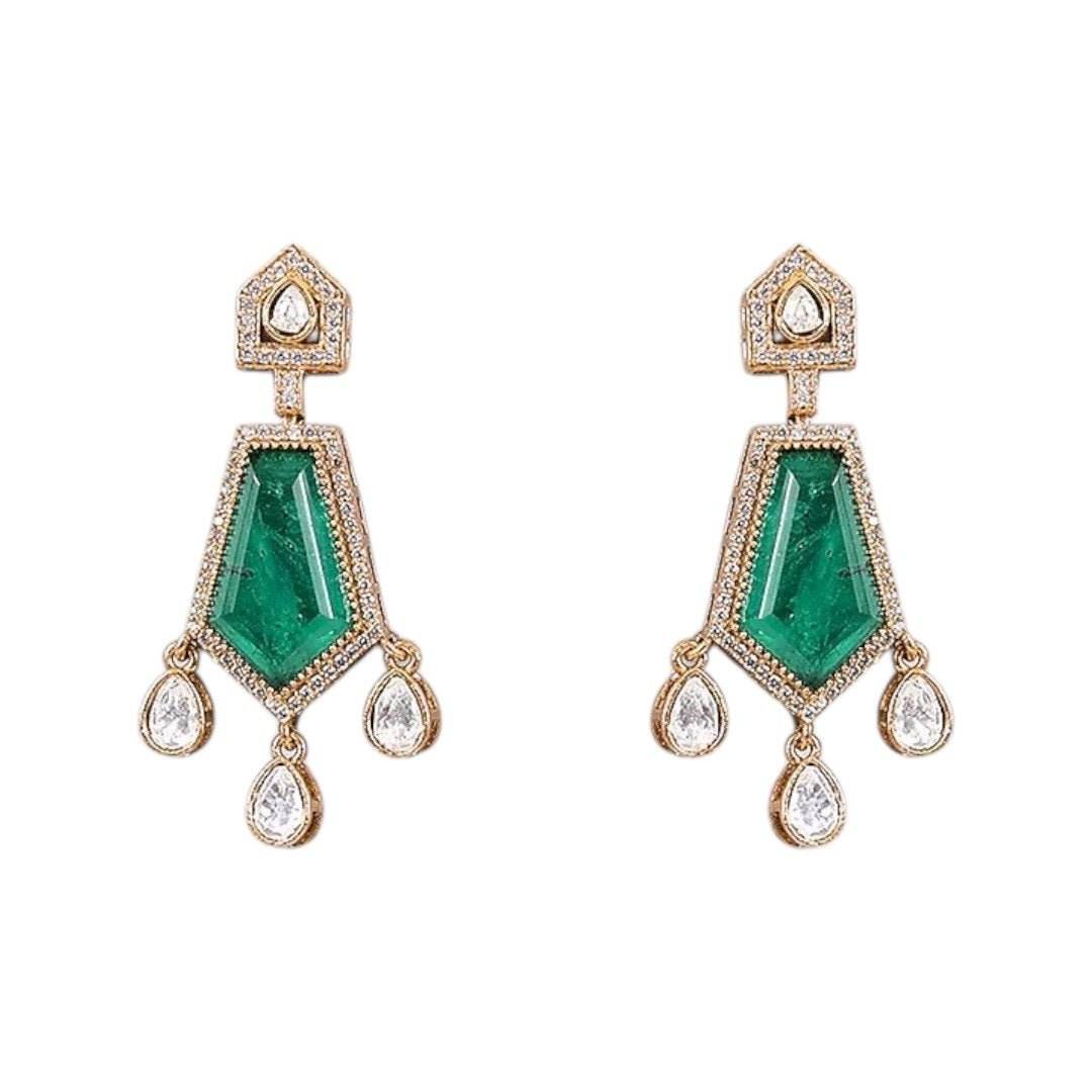 Emerald Green Kundan Long Pendant Necklace Set with Gold-Plated Drop Earrings - Auraa Trends