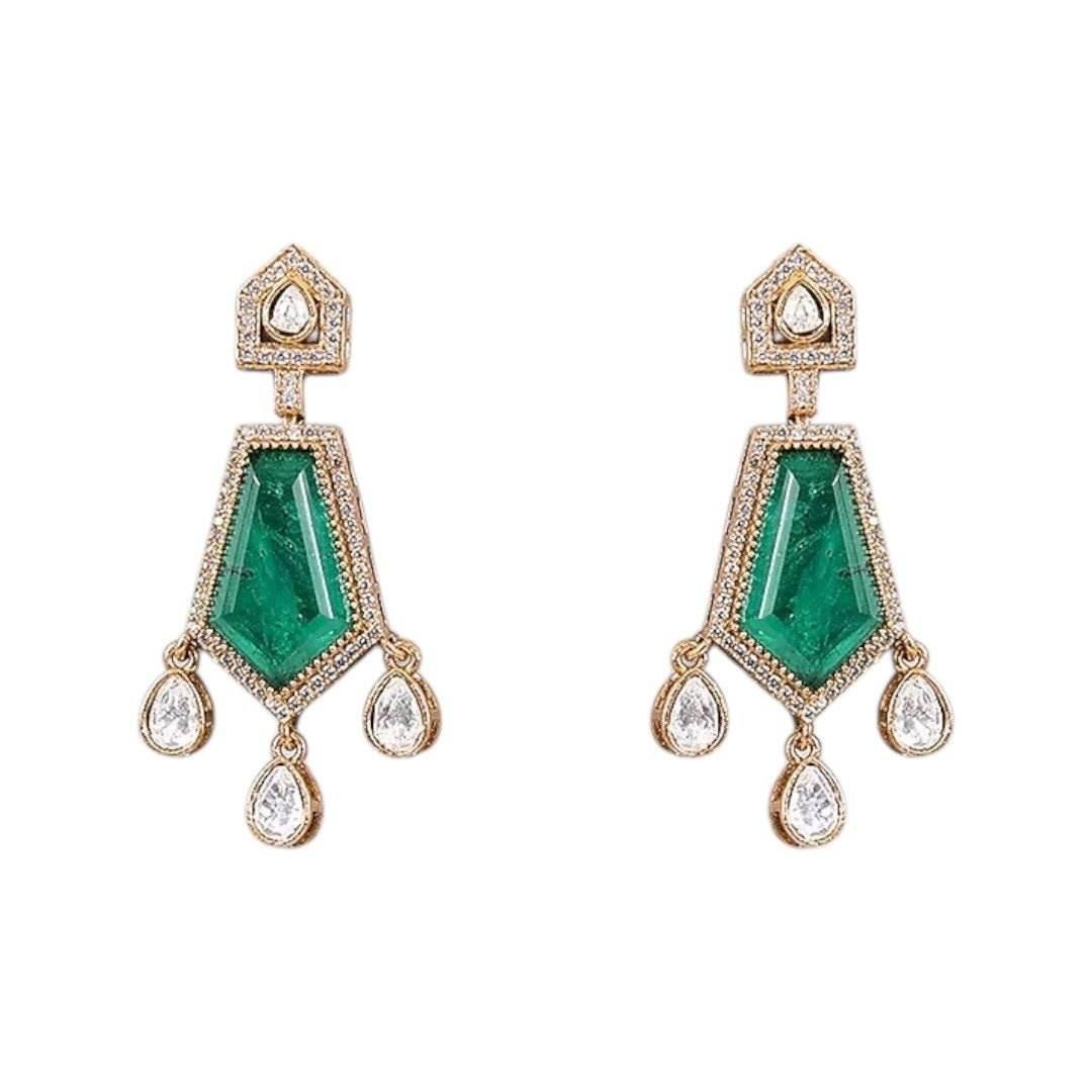 Emerald Green Kundan Long Pendant Necklace Set with Gold-Plated Drop Earrings - Auraa Trends