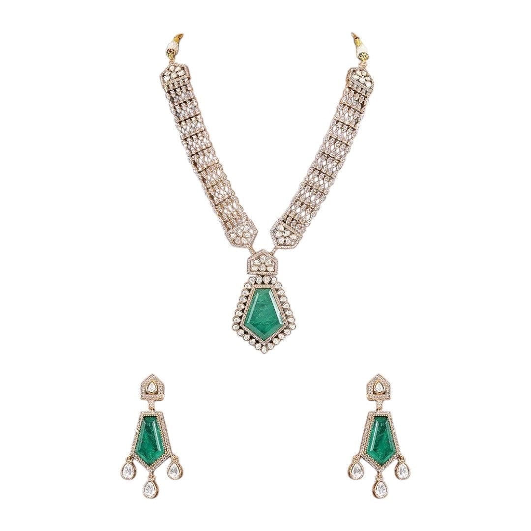 Emerald Green Kundan Long Pendant Necklace Set with Gold - Plated Drop Earrings - Auraa Trends - Necklace Set - - Auraa Trends - Emerald green long pendant necklace set with gold - plated kundan detailing and drop earrings – handcrafted Indian ethnic jewelry for weddings and festive wear"
