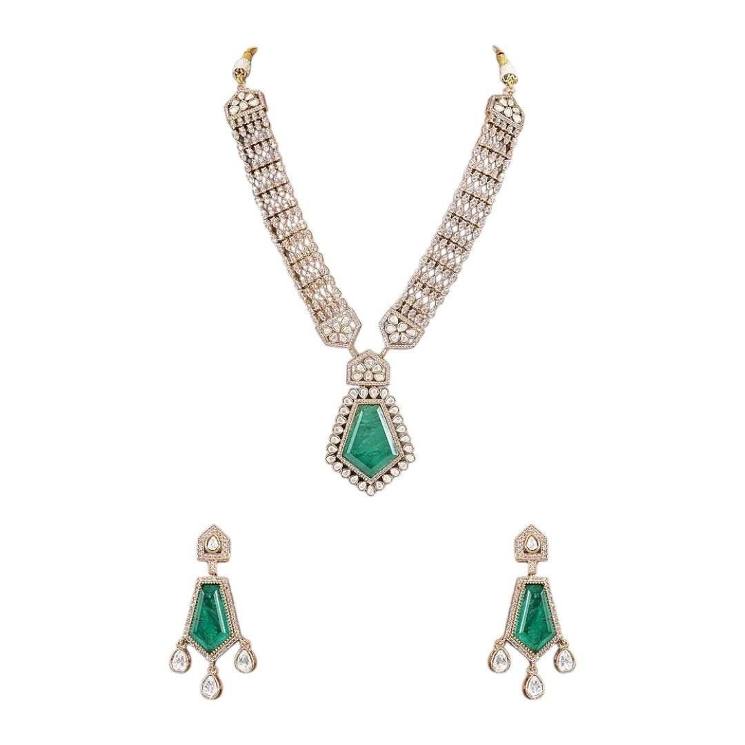 Emerald Green Kundan Long Pendant Necklace Set with Gold-Plated Drop Earrings - Auraa Trends
