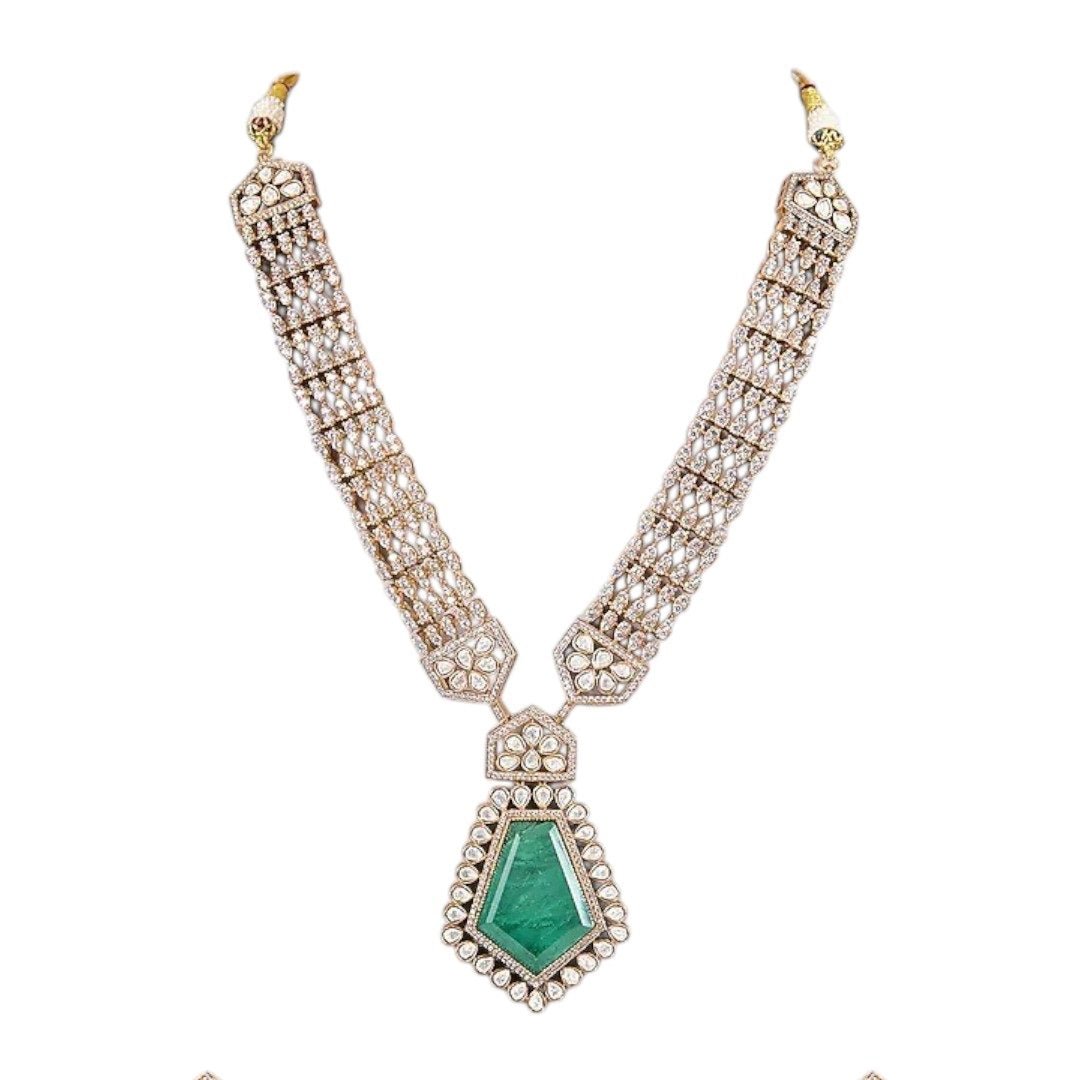Emerald Green Kundan Long Pendant Necklace Set with Gold - Plated Drop Earrings - Auraa Trends - Necklace Set - - Auraa Trends - Emerald green long pendant necklace set with gold - plated kundan detailing and drop earrings – handcrafted Indian ethnic jewelry for weddings and festive wear"