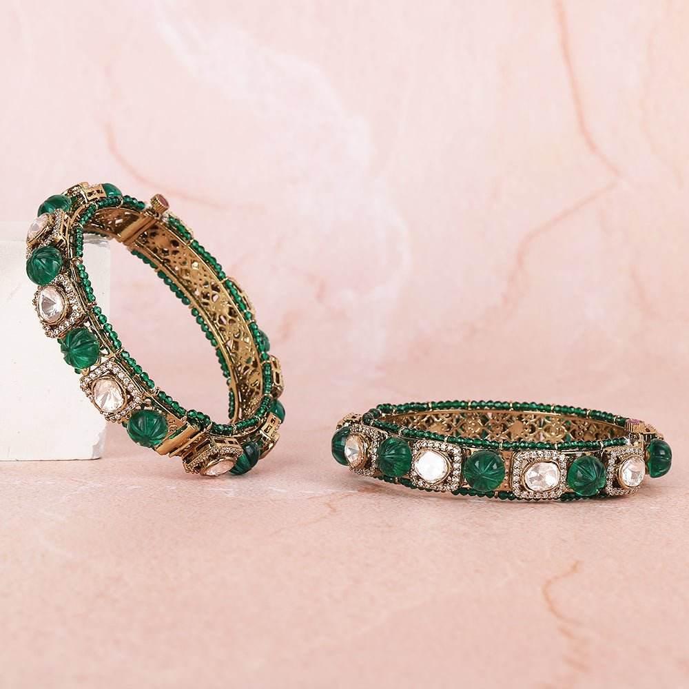 Emerald Green Moissanite Gold-Plated Bangle Set - Auraa Trends