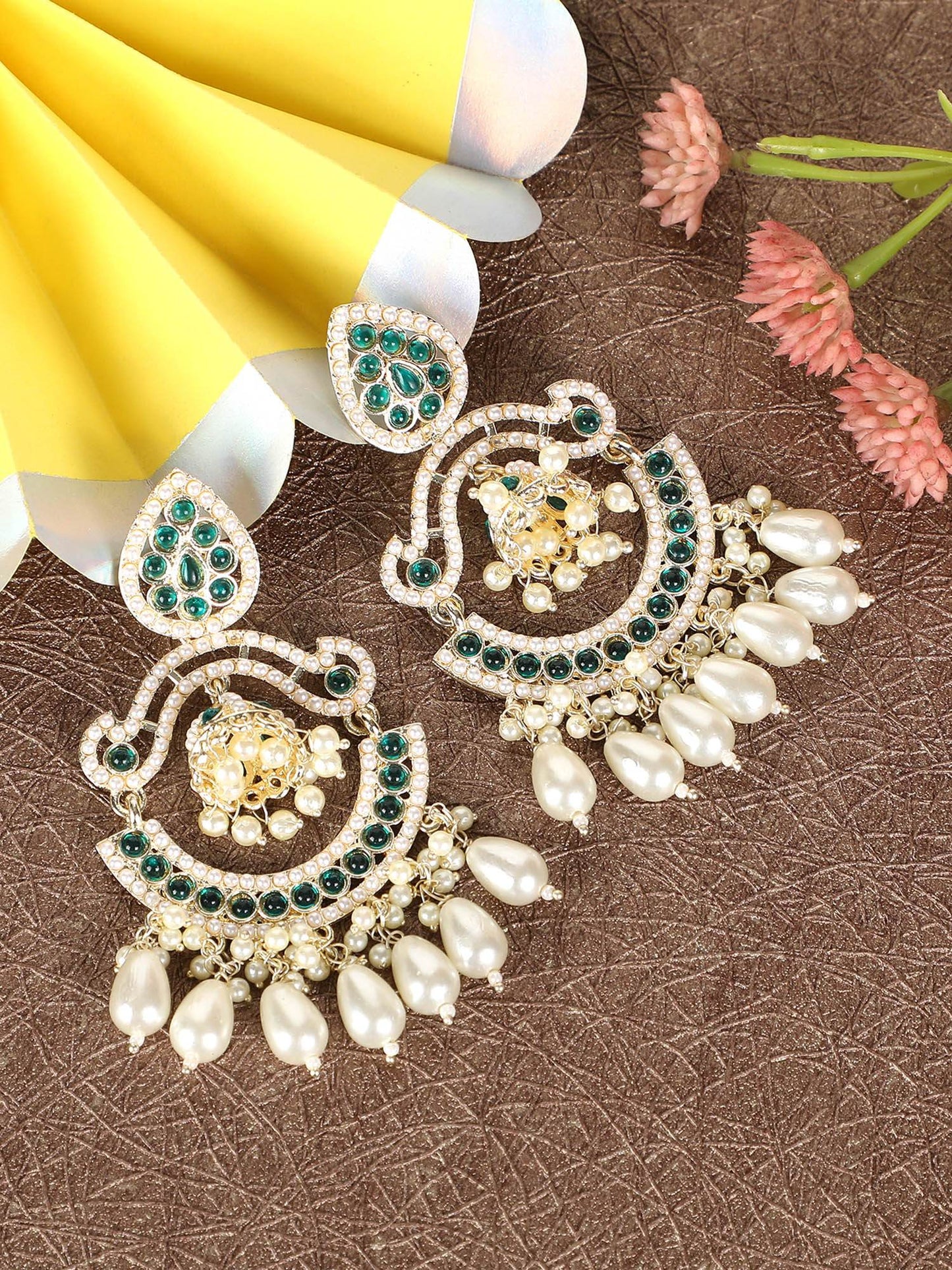 Emerald Green Pearl Drop Dangler Earrings with Crystal Accents - Auraa Trends