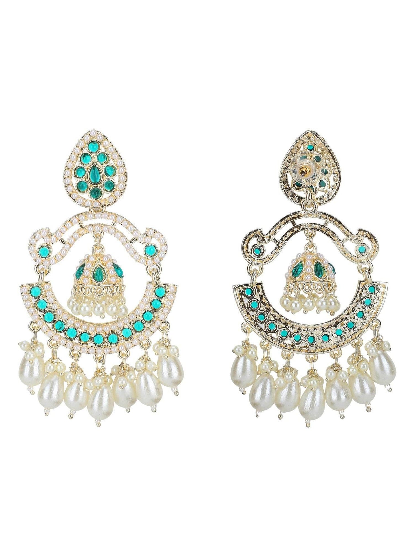 Emerald Green Pearl Drop Dangler Earrings with Crystal Accents - Auraa Trends