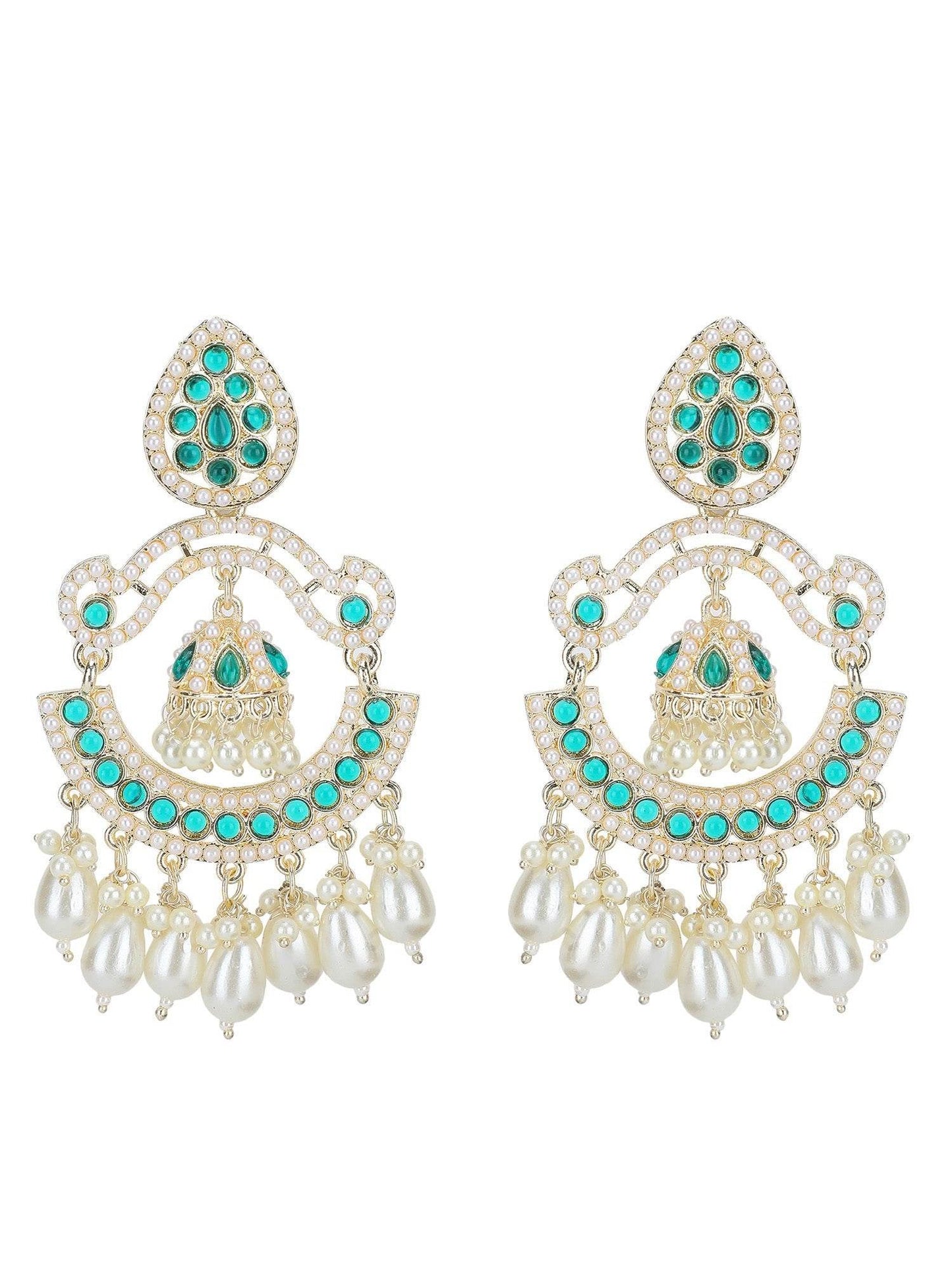 Emerald Green Pearl Drop Dangler Earrings with Crystal Accents - Auraa Trends