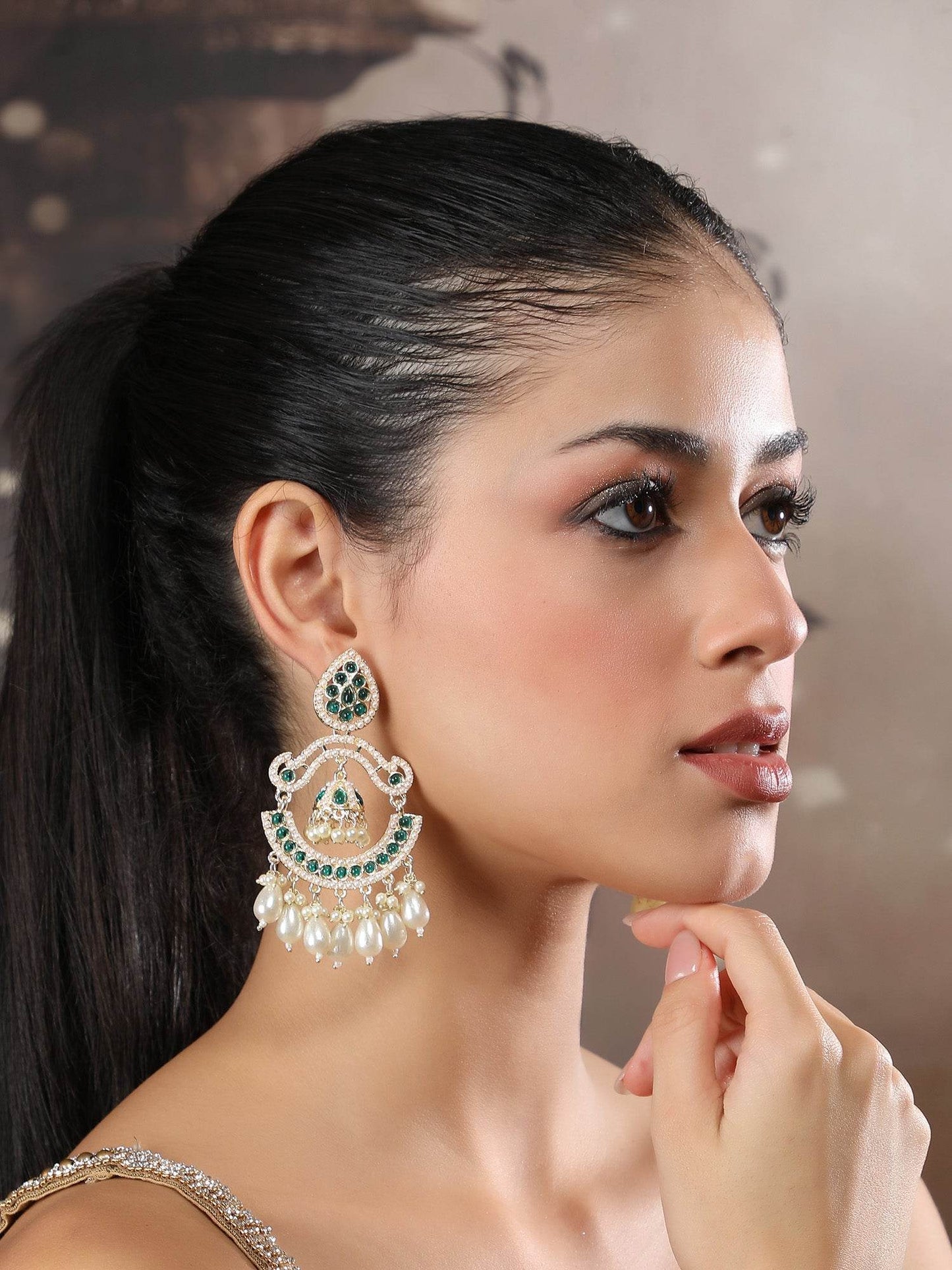 Emerald Green Pearl Drop Dangler Earrings with Crystal Accents - Auraa Trends