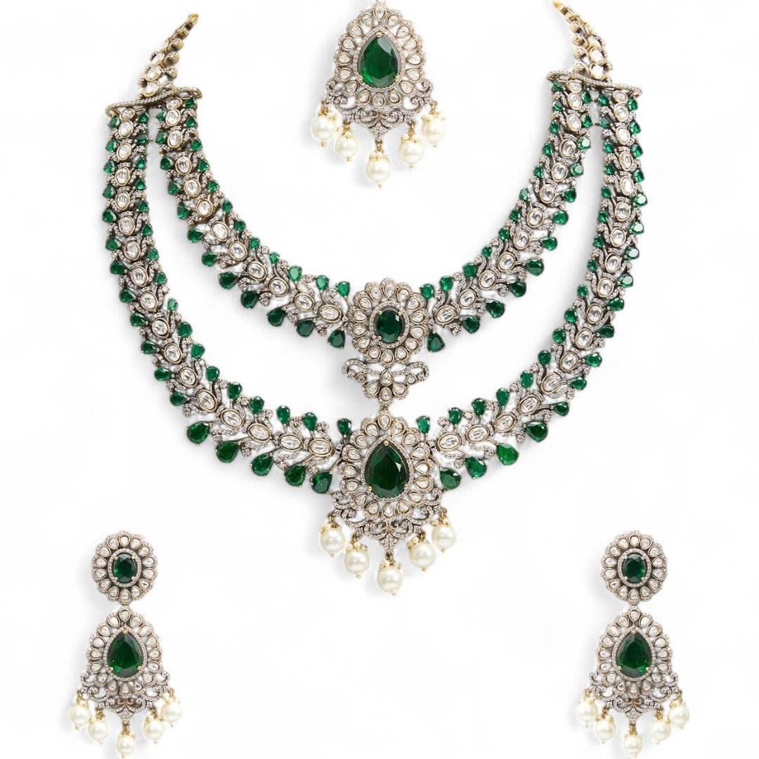 Emerald Royale Layered Necklace Set with Earrings - Auraa Trends