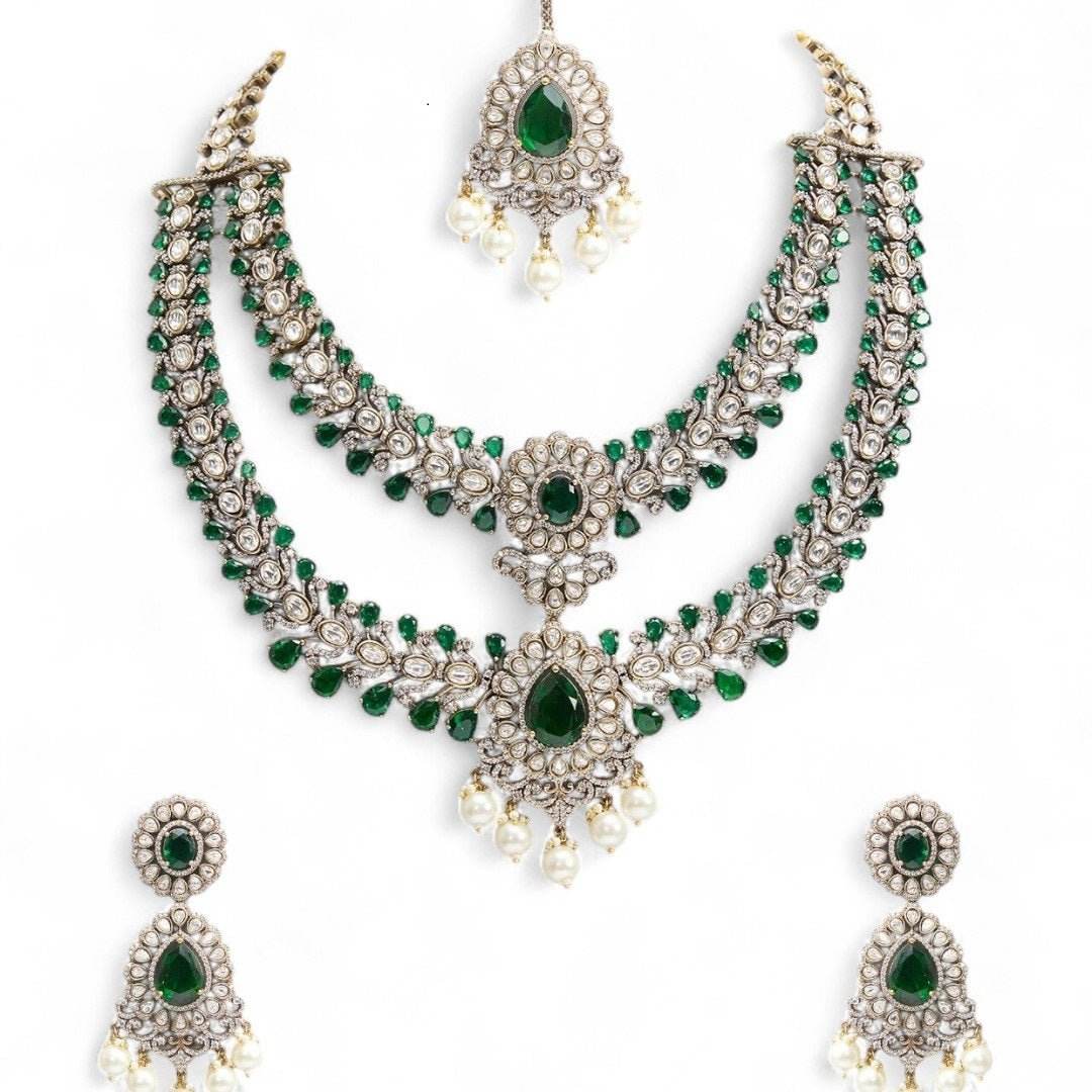 Emerald Royale Layered Necklace Set with Earrings - Auraa Trends