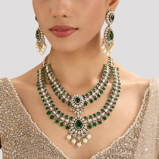Emerald Royale Layered Necklace Set with Earrings - Auraa Trends