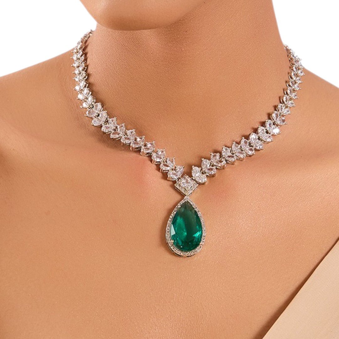 Emerald Teardrop Diamond - Cut Necklace Set in Silver Finish - Auraa Trends - Necklaces set, Wedding reception jewelry set