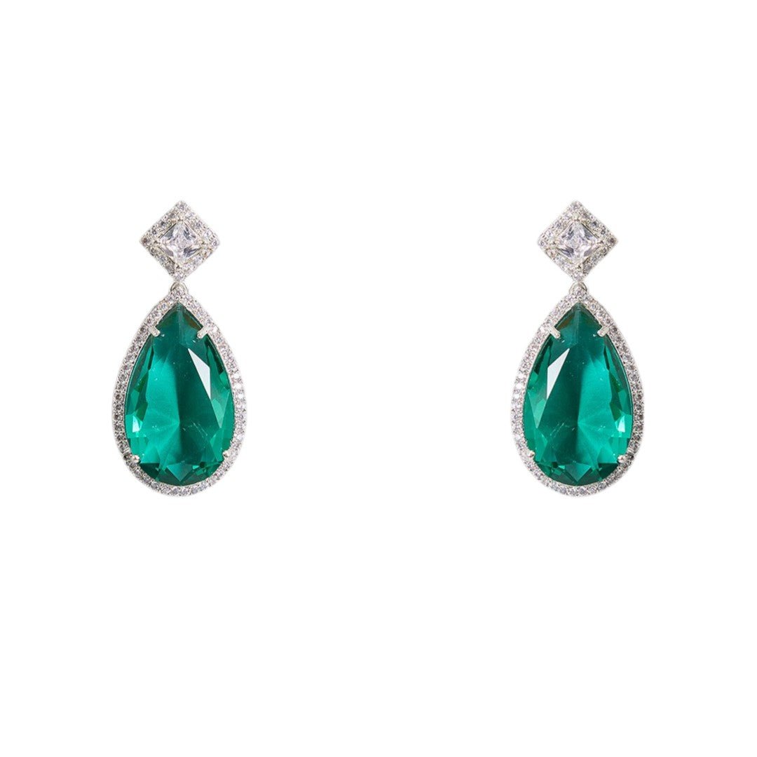 Emerald Teardrop Diamond - Cut Necklace Set in Silver Finish - Auraa Trends - Necklaces set, Wedding reception jewelry set