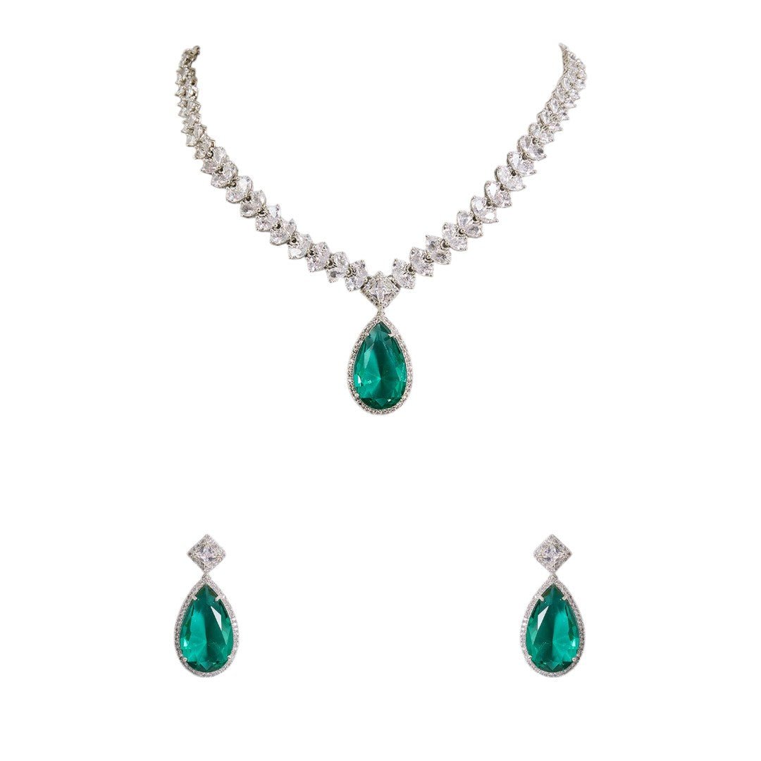 Emerald Teardrop Diamond - Cut Necklace Set in Silver Finish - Auraa Trends - Necklaces set, Wedding reception jewelry set