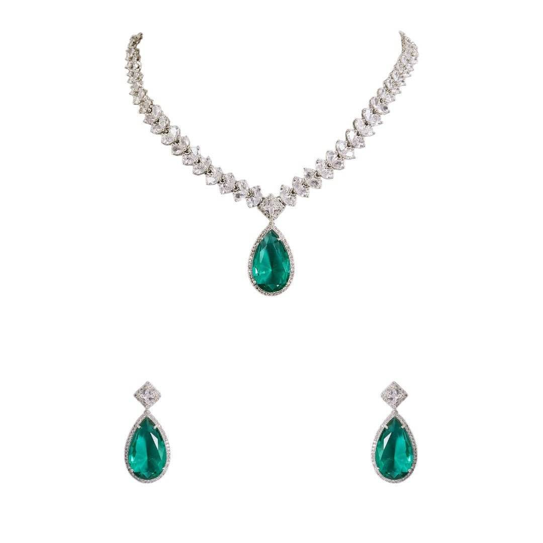 Emerald Teardrop Diamond-Cut Necklace Set in Silver Finish - Auraa Trends
