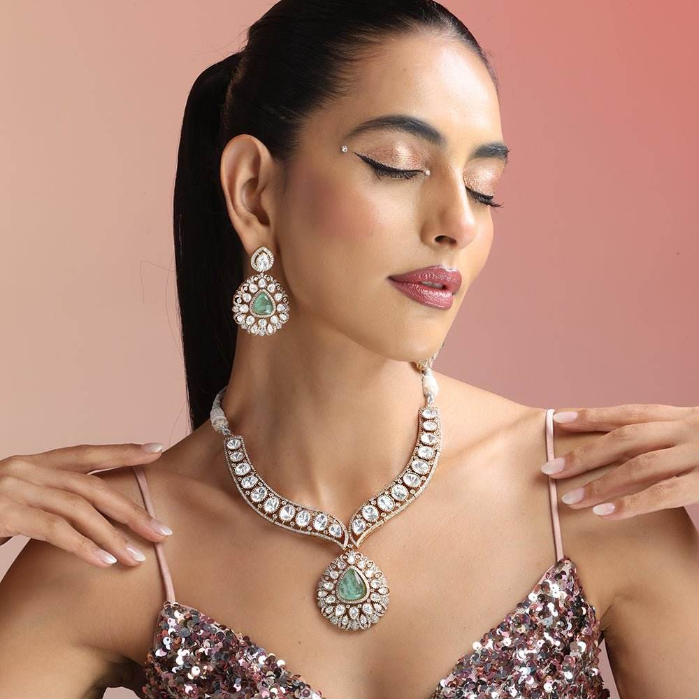 Emerald Teardrop Polki Necklace Set with Crystal-Studded Statement Earrings - Auraa Trends