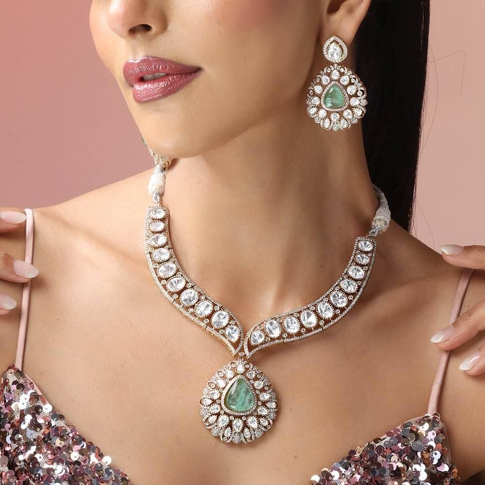 Emerald Teardrop Polki Necklace Set with Crystal-Studded Statement Earrings - Auraa Trends
