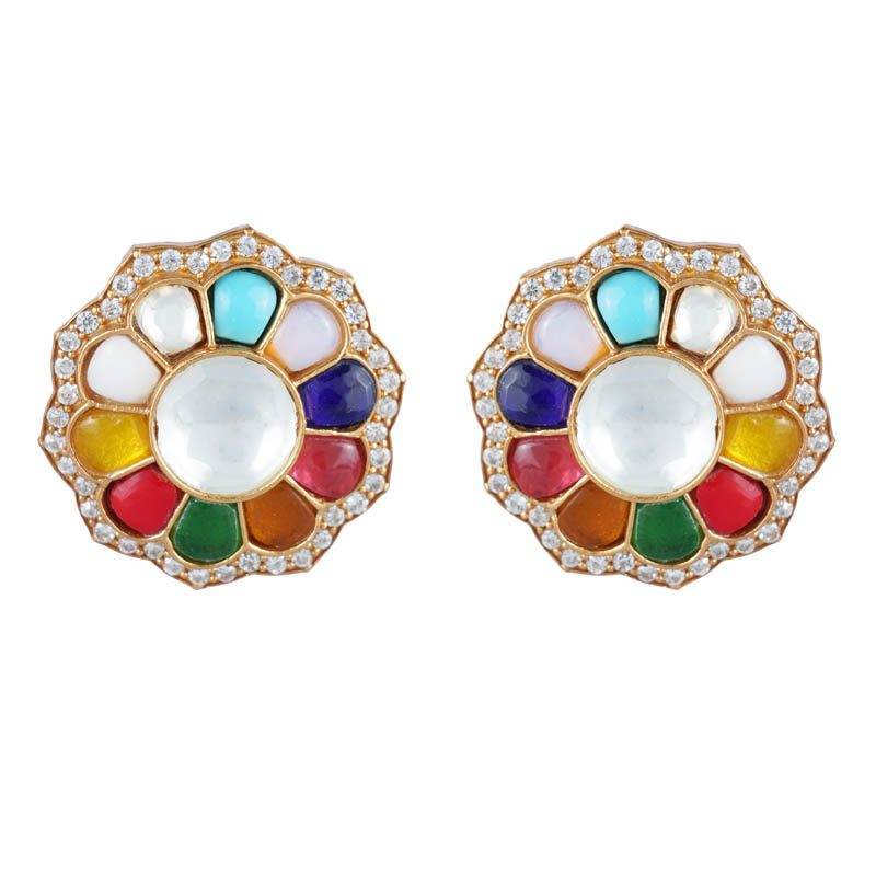 Enchanting Kundan Navratna Stud Earrings - Auraa Trends