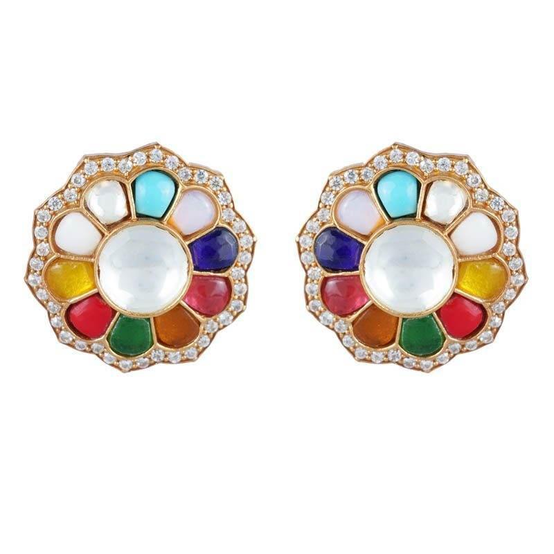 Enchanting Kundan Navratna Stud Earrings - Auraa Trends