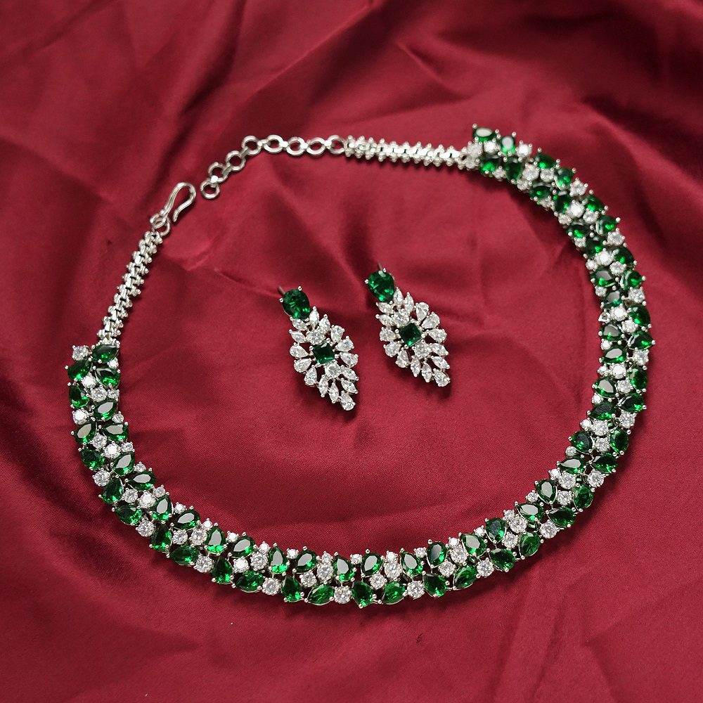 Enchanting Rhodium Finish Green Necklace Set - Auraa Trends