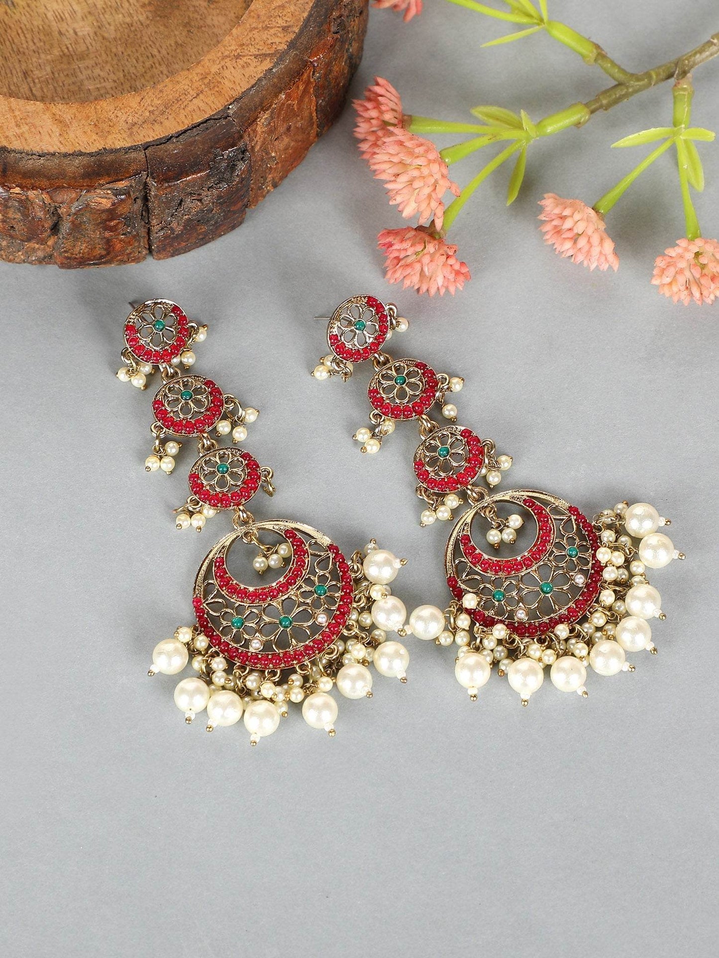 Ethnic Red Gold Crescent Chandbali Dangles with Pearl Drops and Kundan - Auraa Trends