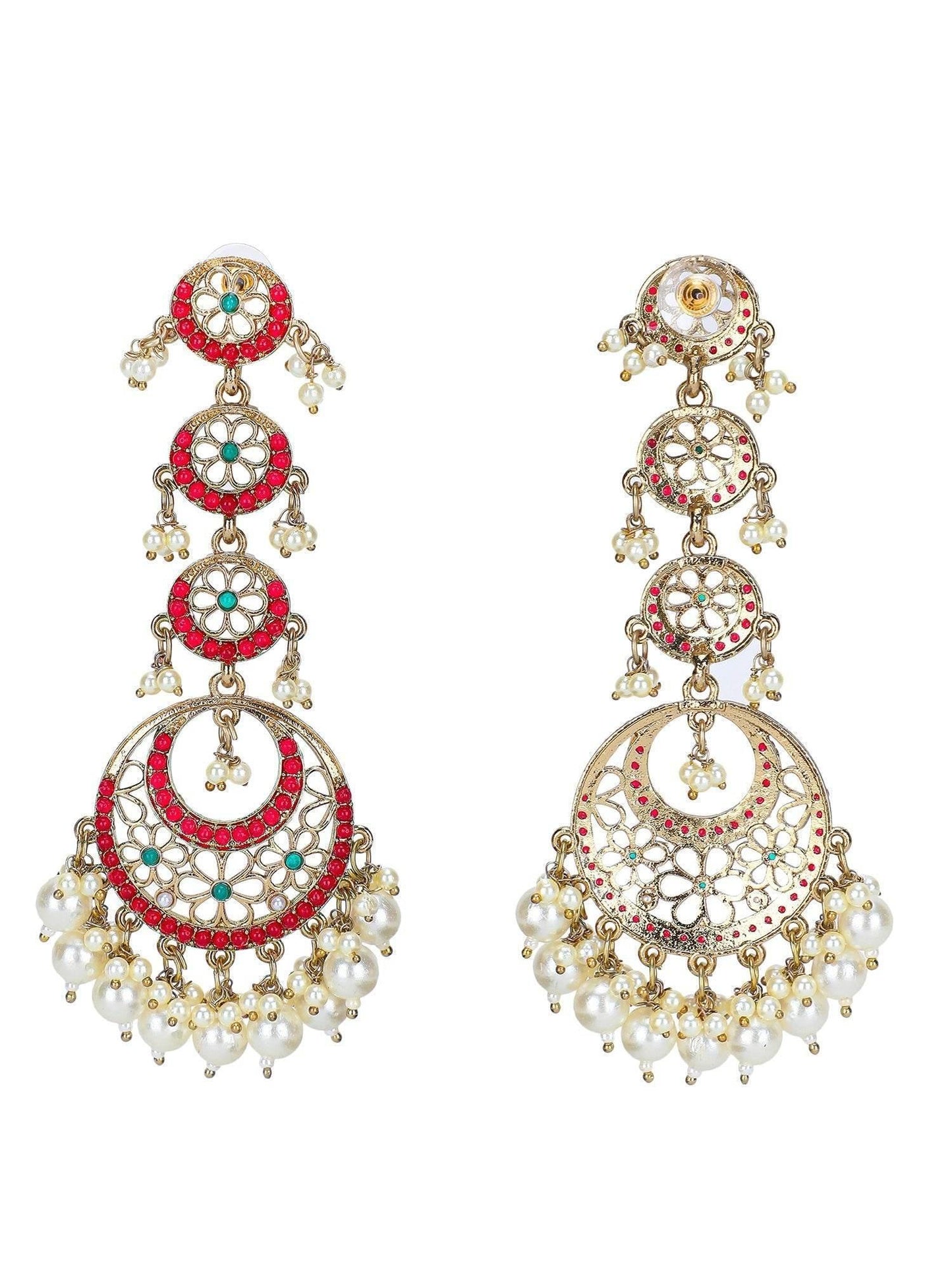 Ethnic Red Gold Crescent Chandbali Dangles with Pearl Drops and Kundan - Auraa Trends