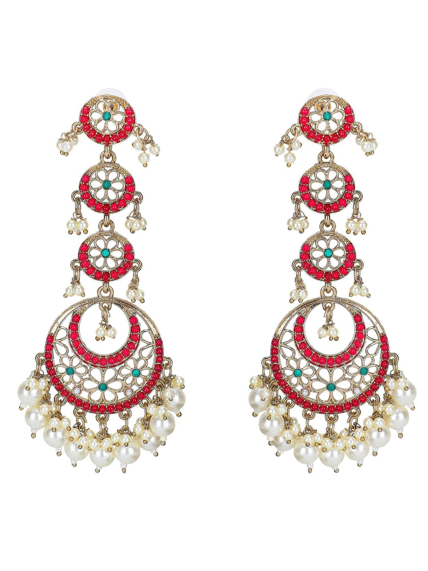 Ethnic Red Gold Crescent Chandbali Dangles with Pearl Drops and Kundan - Auraa Trends