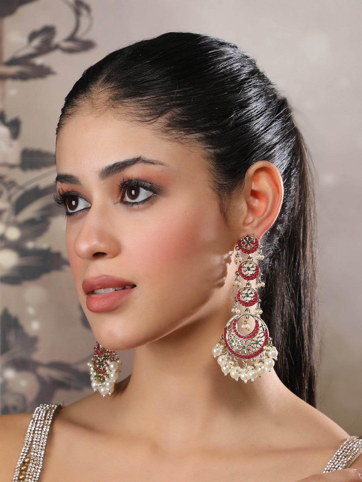 Ethnic Red Gold Crescent Chandbali Dangles with Pearl Drops and Kundan - Auraa Trends