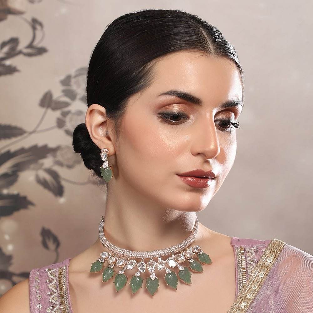 Exquisite Gold-Plated Choker Necklace Set with Green Leaf Motifs - Auraa Trends