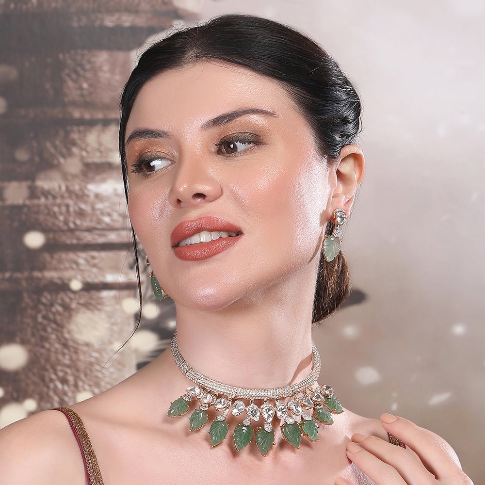 Exquisite Gold - Plated Choker Necklace Set with Green Leaf Motifs - Auraa Trends - Choker - Buy 22KT Gold - Plated Necklace