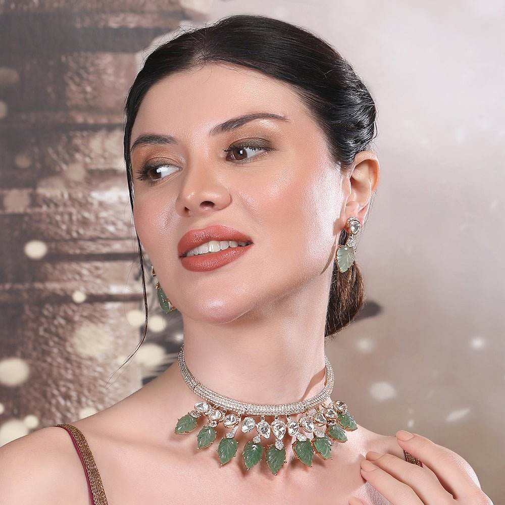 Exquisite Gold-Plated Choker Necklace Set with Green Leaf Motifs - Auraa Trends