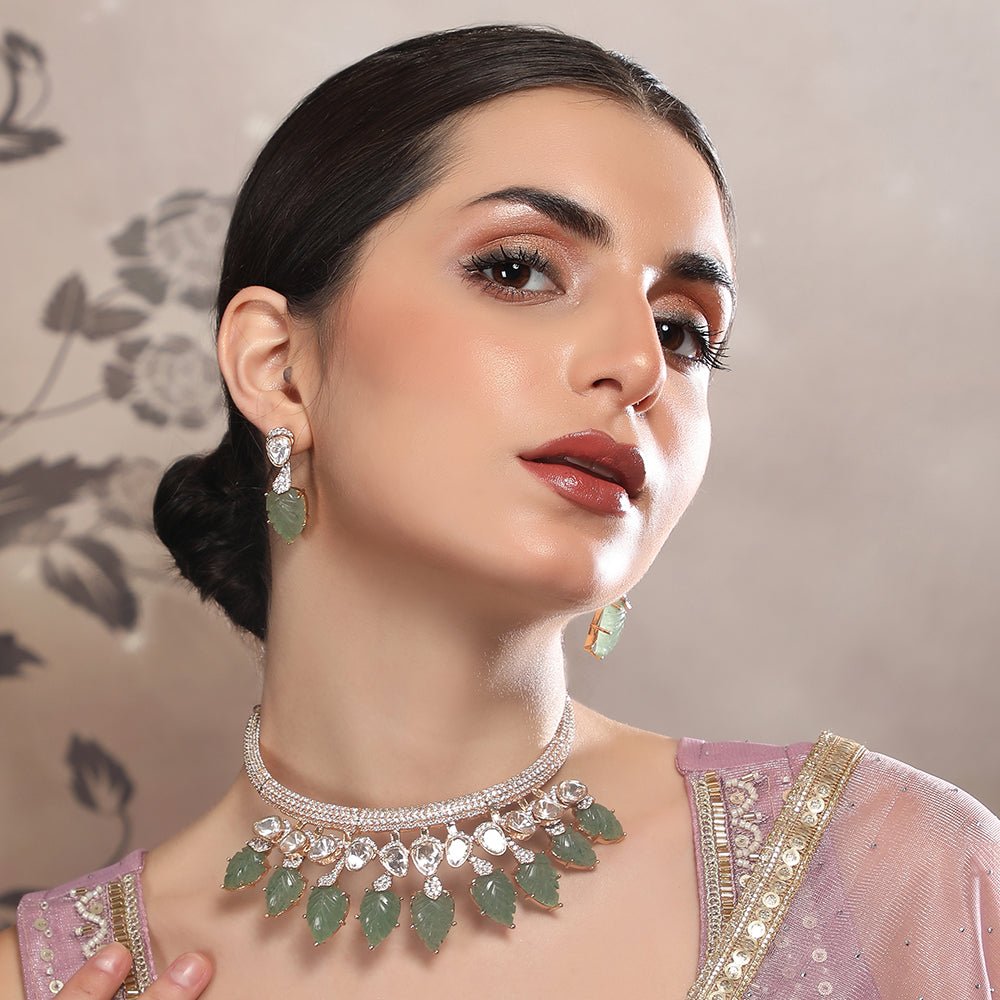 Exquisite Gold - Plated Choker Necklace Set with Green Leaf Motifs - Auraa Trends - Choker - Buy 22KT Gold - Plated Necklace