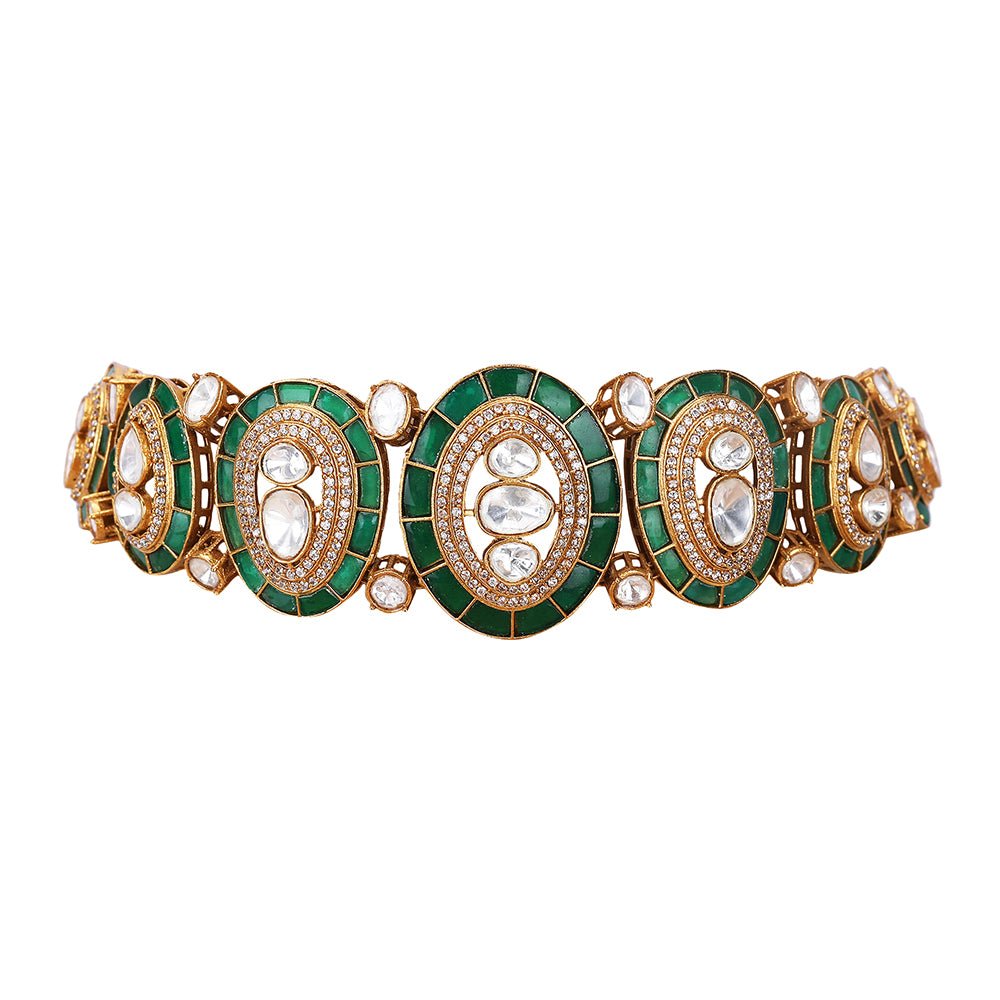 exquisite green and gold Choker necklace set, complemented by matching earrings - Auraa Trends - Choker - necklace set Online