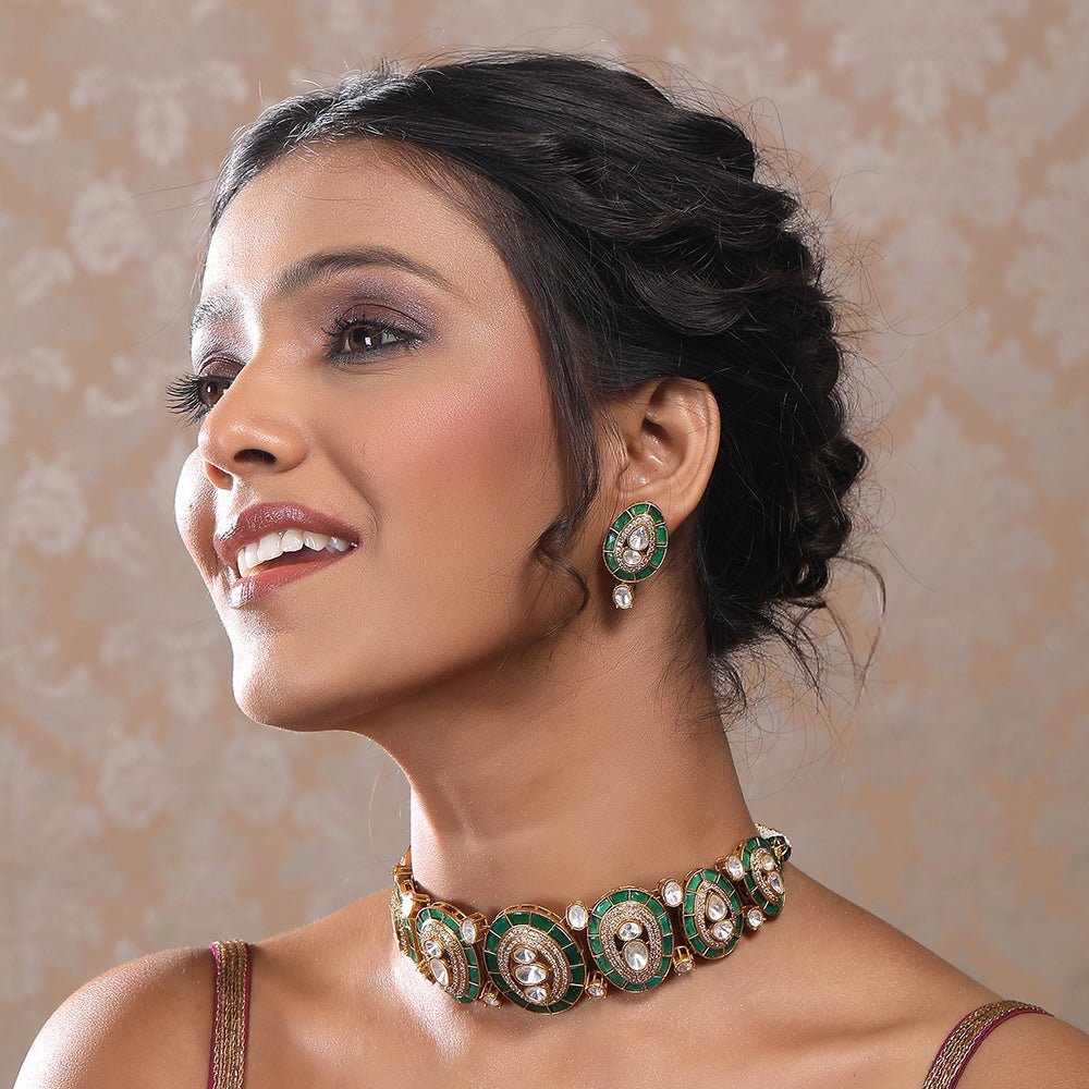 exquisite green and gold Choker necklace set, complemented by matching earrings - Auraa Trends - Choker - necklace set Online