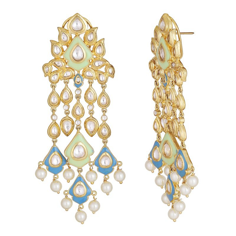 Exquisite Kundan Chandelier Earrings with Multi - Colored Stones - Auraa Trends - Chandelier Earrings Auraa Trends - earrings