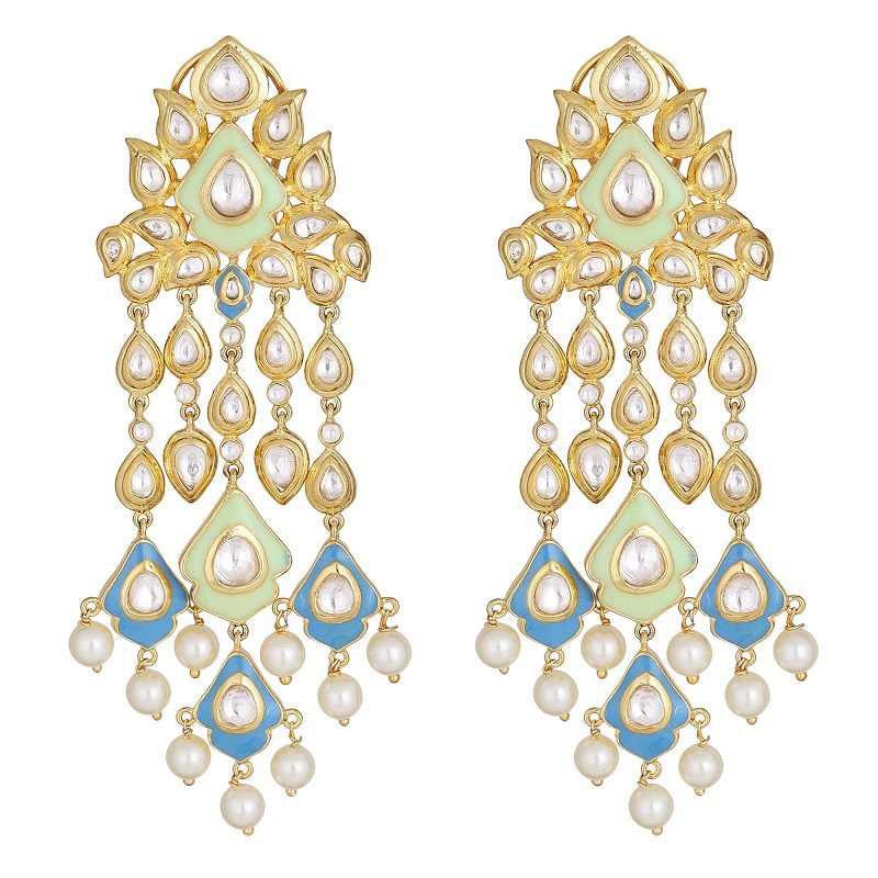 Exquisite Kundan Chandelier Earrings with Multi - Colored Stones - Auraa Trends - Chandelier Earrings - earrings for women