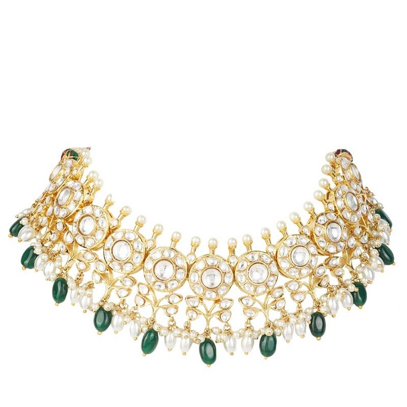 Exquisite Kundan Necklace Set - Auraa Trends - Necklace Set - Auraa Trends - Pearl and Green Bead Kundan Choker Necklace Set