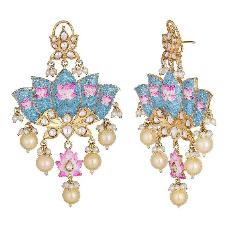 Exquisite Lotus Motif Enamel Chandelier Earrings - Auraa Trends