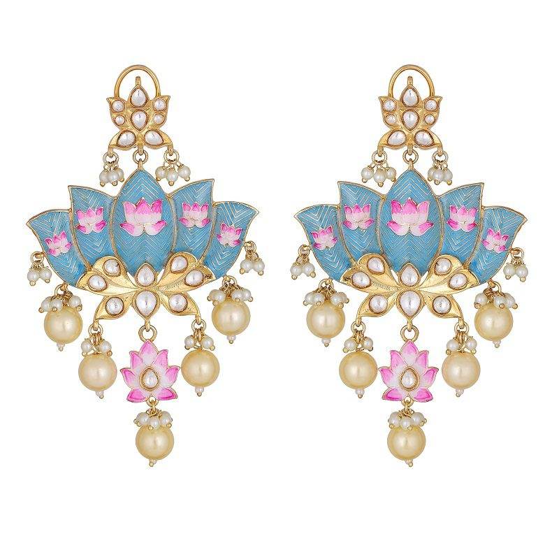 Exquisite Lotus Motif Enamel Chandelier Earrings - Auraa Trends